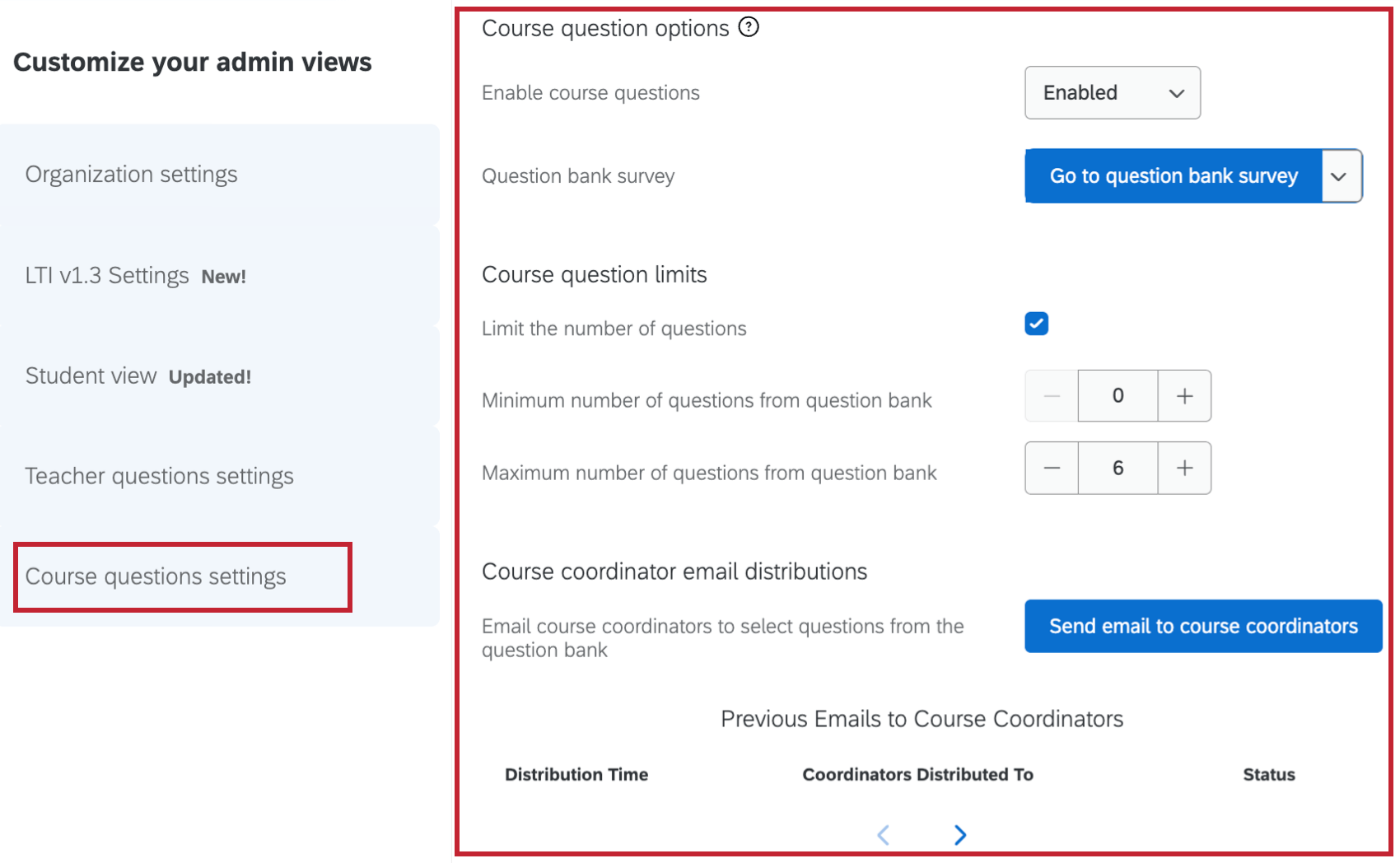 course questions options of settings highlighted