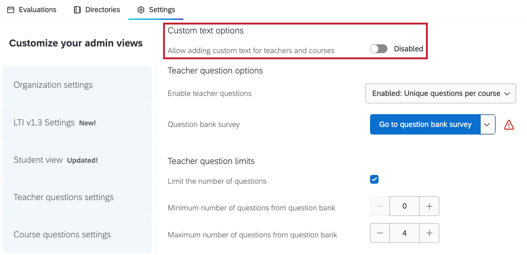 custom text options settings highlighted within settings tab