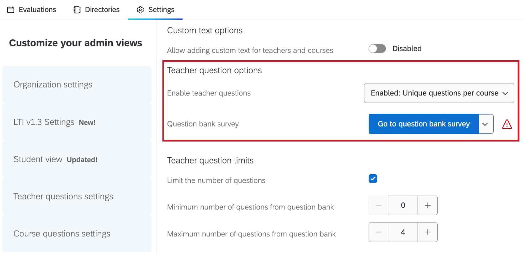 teacher question options highlighted within settings tab