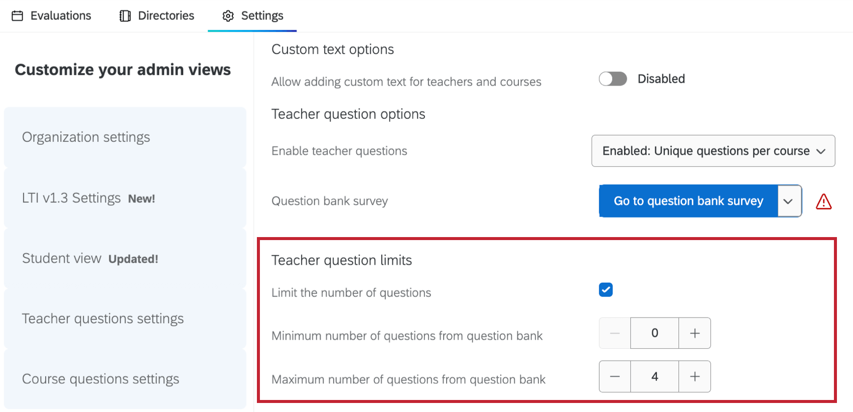 teacher question options highlighted within settings tab
