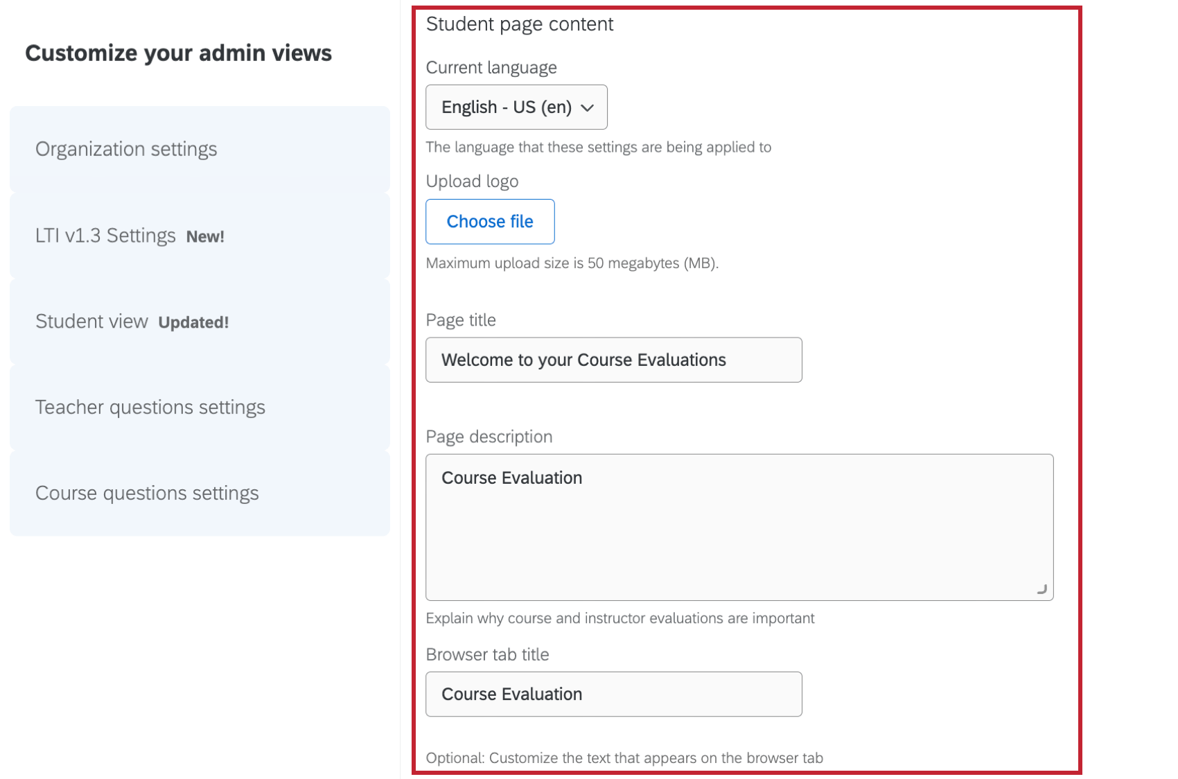 student page content section of settings highlighted