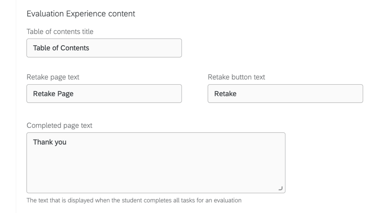 form fields to enter evaluation experience content field names