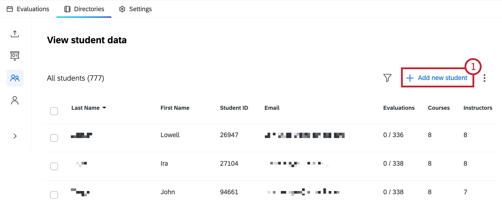 "add new student" button within the students section of the directories tab