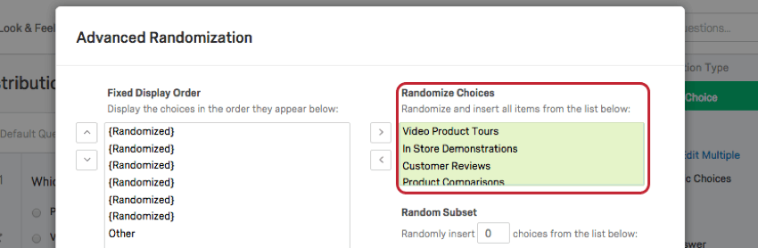 Other is last in the list of Fixed Display Order. All moved choices are represented by brackets around the word Randomized
