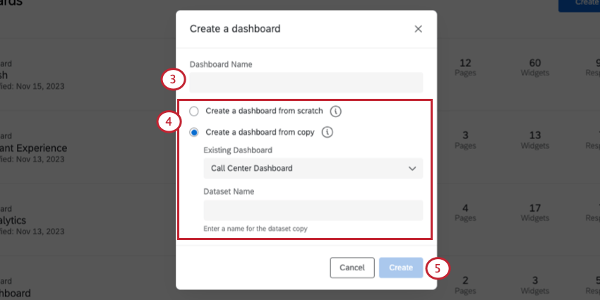 Das Fenster Dashboard anlegen wird geöffnet. Feld für die Benennung, gefolgt von den beschriebenen Optionen