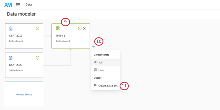 Union is a green block. Rightmost block always has a plus sign next to it to add more elements