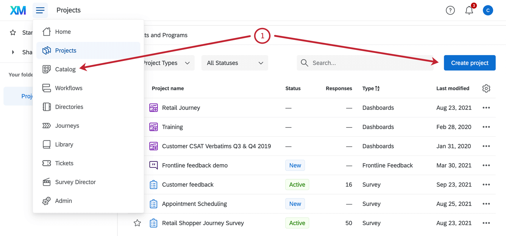 Botón Crear proyecto en la página de Proyectos , catálogo desde el menú de navegación