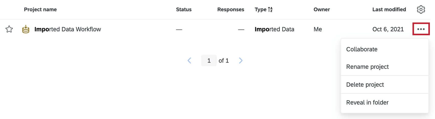 Klicken Sie auf der Projektseite auf die Dropdown-Liste „Projektaktionen“ für ein importiertes Datenprojekt