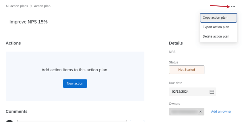 Os pontos no canto superior direito expandem as opções de cópia, exportação e exclusão