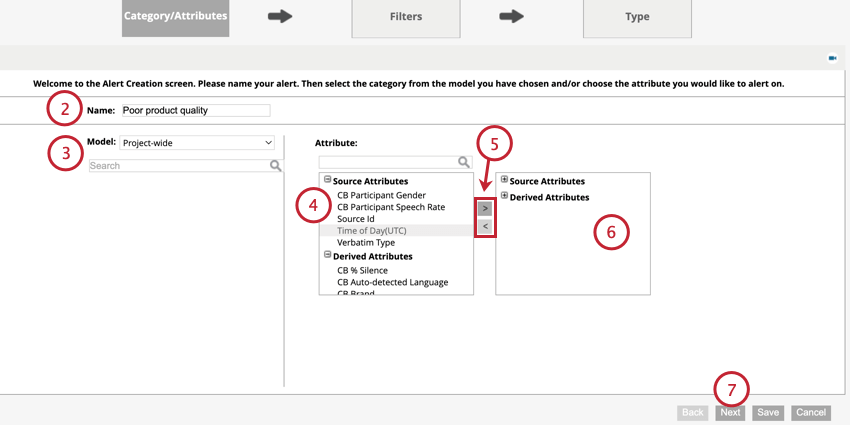 choosing the attributes for the alert