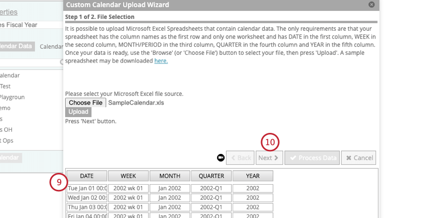 previewing the calendar data