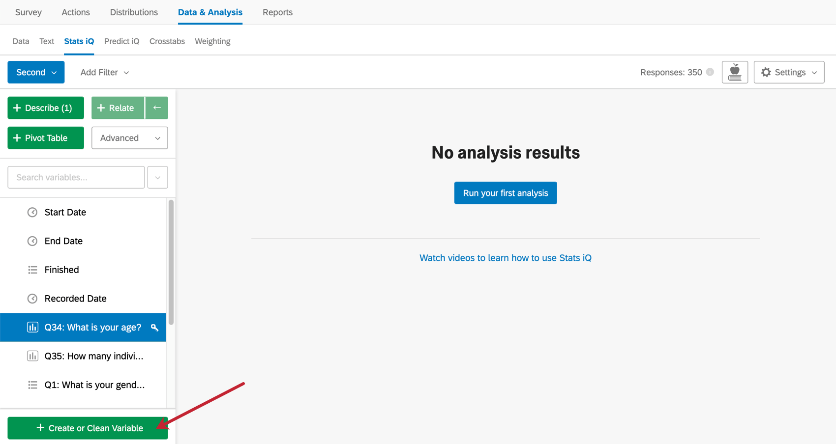 Pulsante Crea variabile nellarea di lavoro