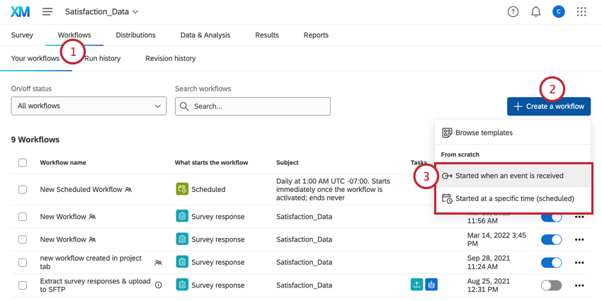 Klicken Sie auf der Registerkarte „Workflows“ auf „Workflow, und wählen Sie die Art des Workflow aus.