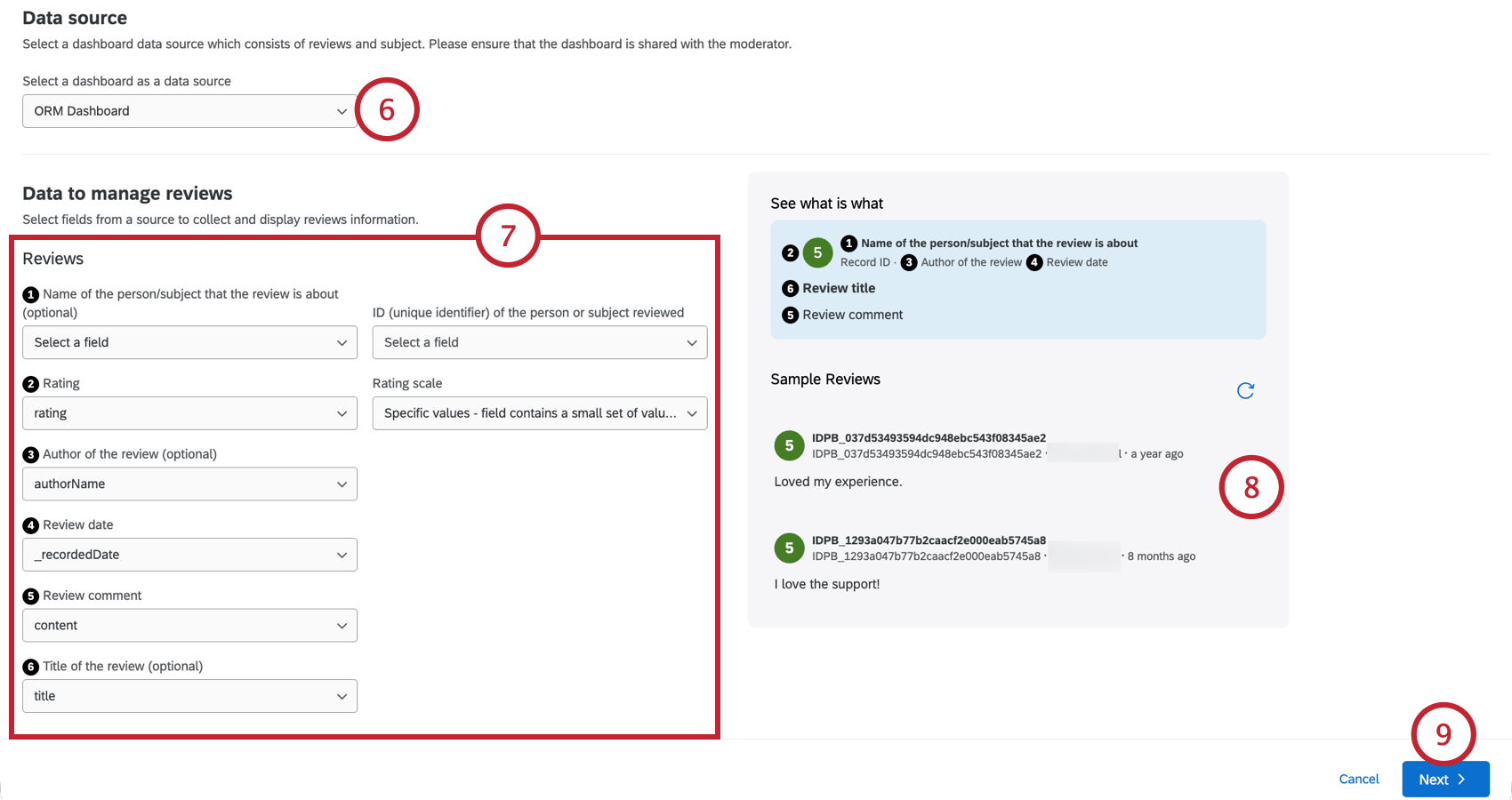 choosing a dashboard and mapping review fields