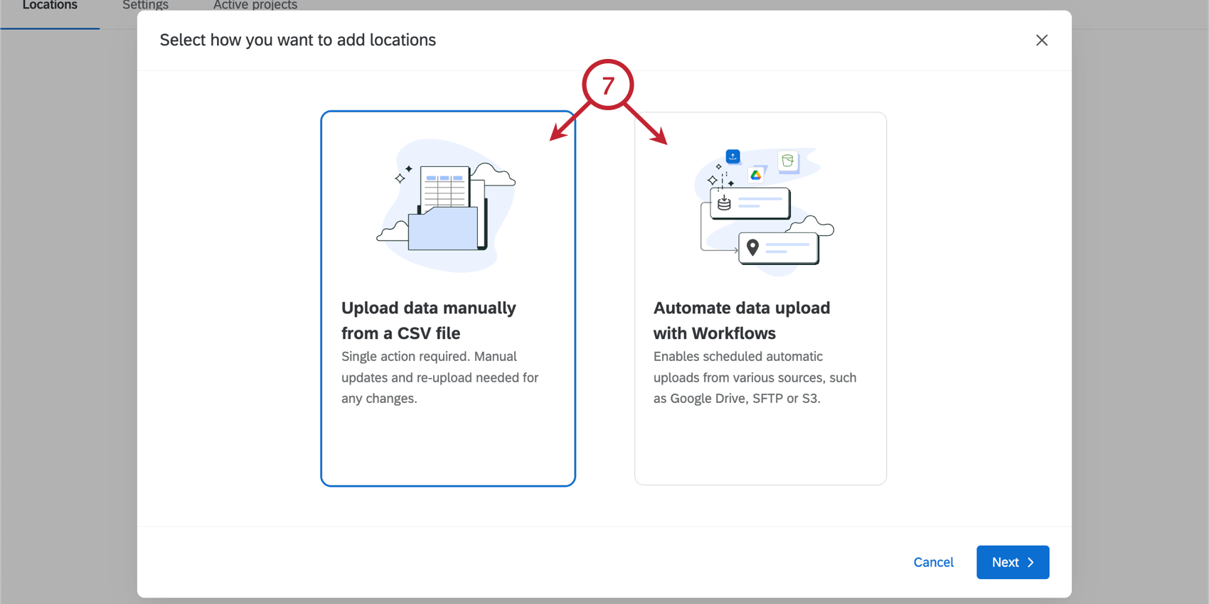 auswahl einer Möglichkeit zum Hochladen von Locations