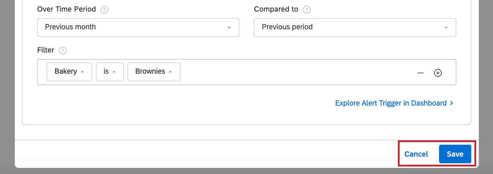 bottom of new alert window where you can find the save and cancel buttons