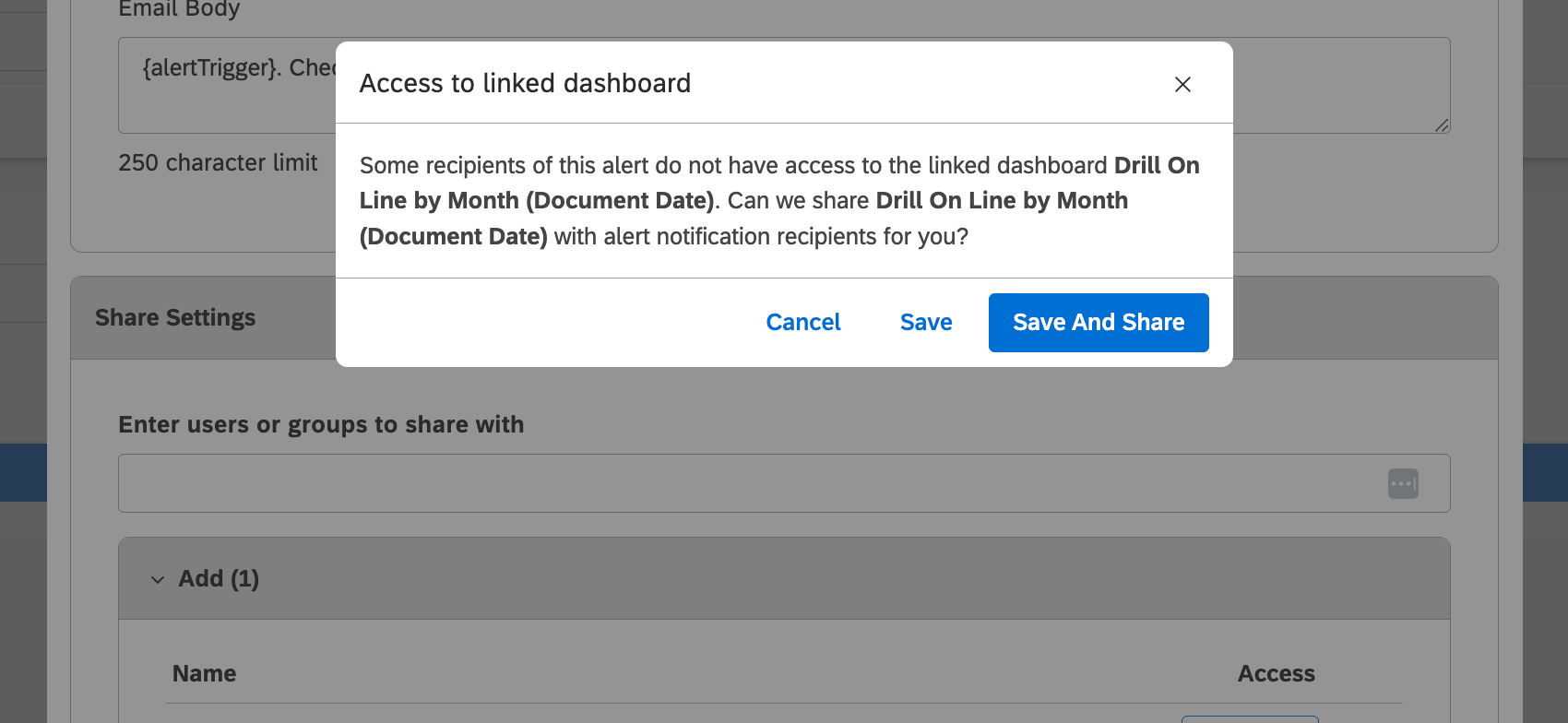 nuova finestra denominata accesso al dashboard collegato - alcuni dei destinatari di questo avviso non hanno accesso al dashboard collegato a questo avviso. possiamo condividere questo dashboard con i destinatari della notifica dellavviso?