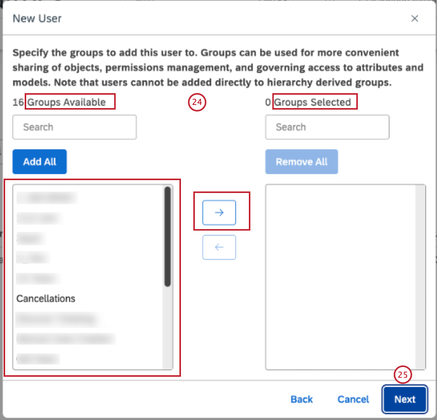 window where you can select groups