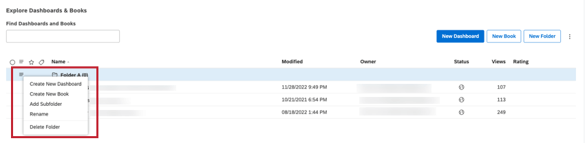 Once a folder is created, you can expand the actions menu next to it and perform several actions