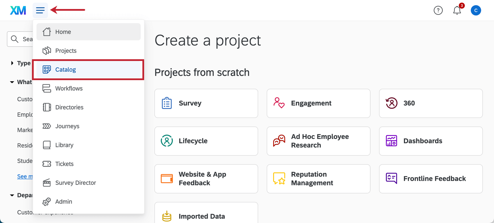 Global navigation is opened and "Catalog" is selected