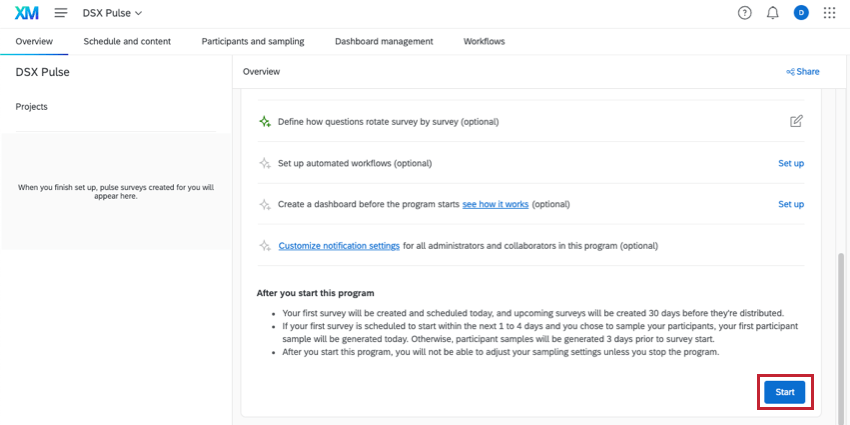 Bouton de démarrage en bas de la page de présentation
