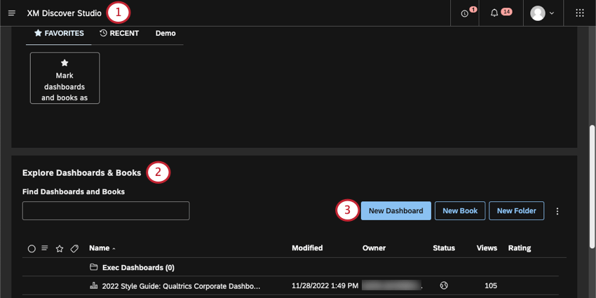 Creating a dashboard on the Studio homepage