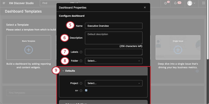 Nuova finestra in cui si impostano le proprietà di Dashboard