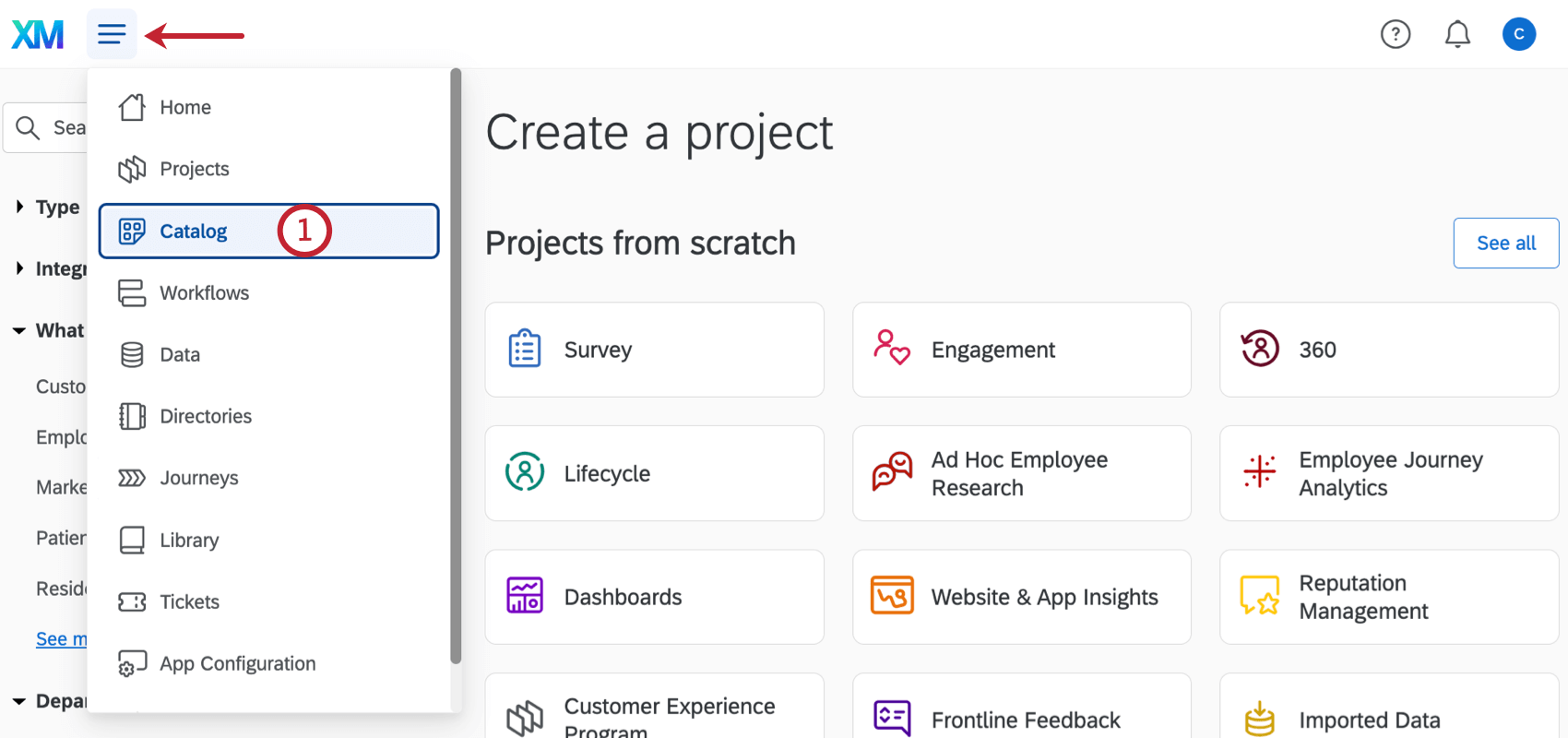 Immagine dellicona hamburger di navigazione globale espansa avanti al logo Xm per rivelare lopzione Catalogo