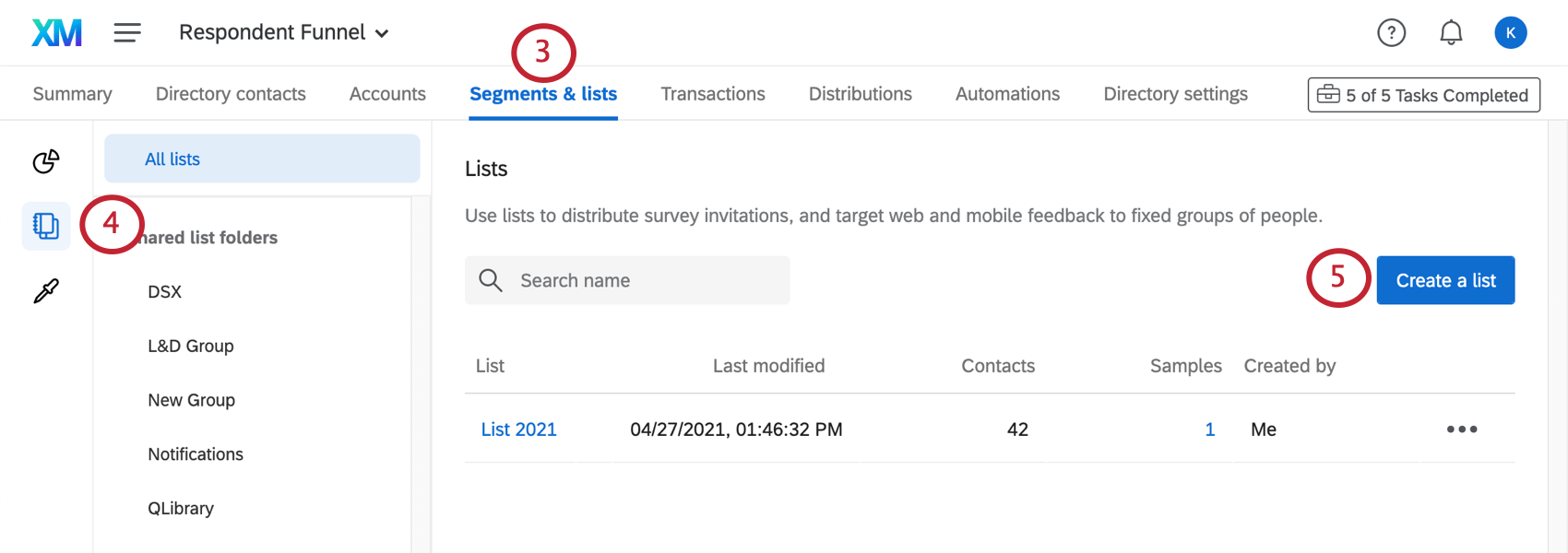 The lists section of the segments and lists tab is open