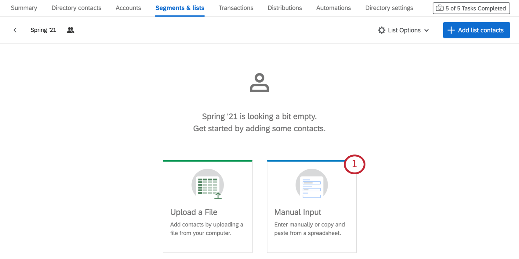 Manual Input option in yellow on the right on the Add contacts window