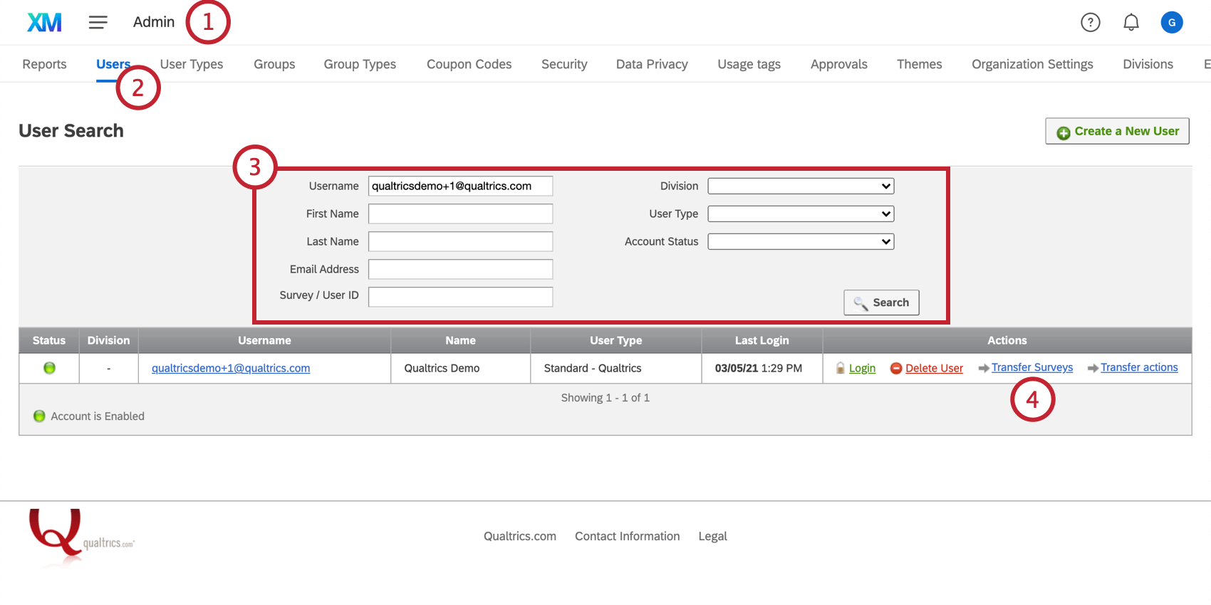 Options de lenquête sur la page Utilisateurs