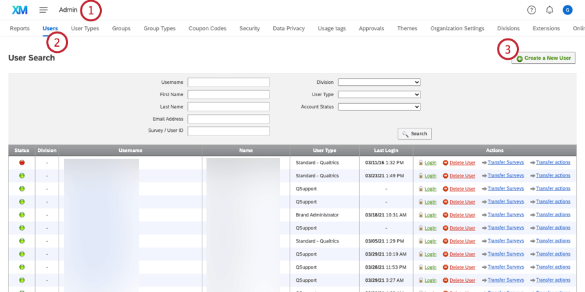 Create a new user in the Users tab