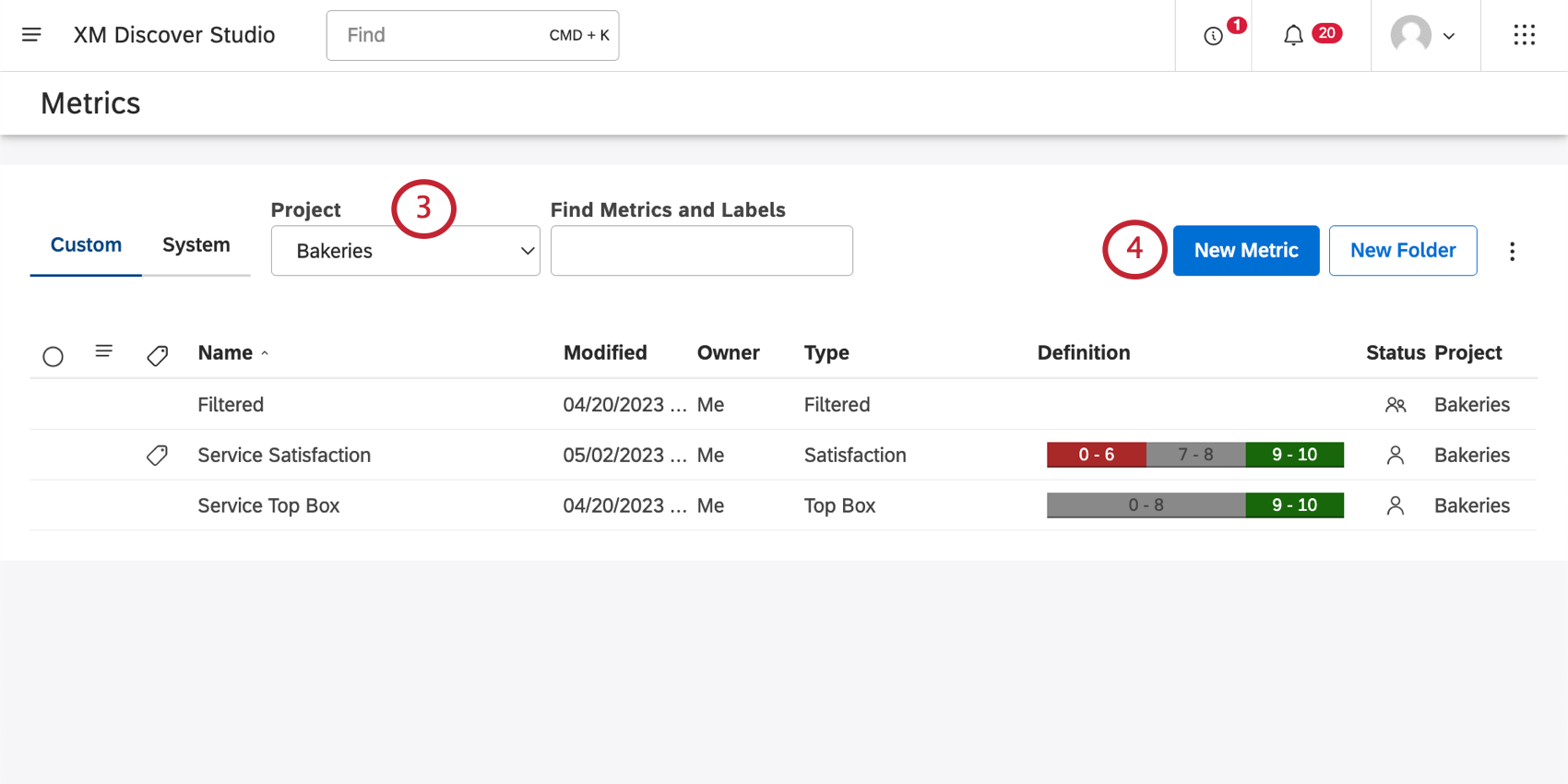 Project selected and new metric button highlighted