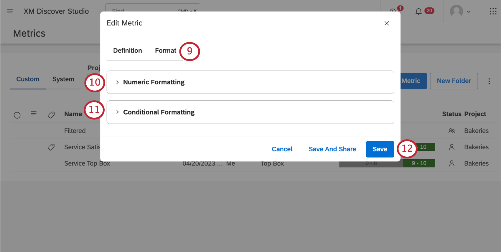 Format tab of metric editing window