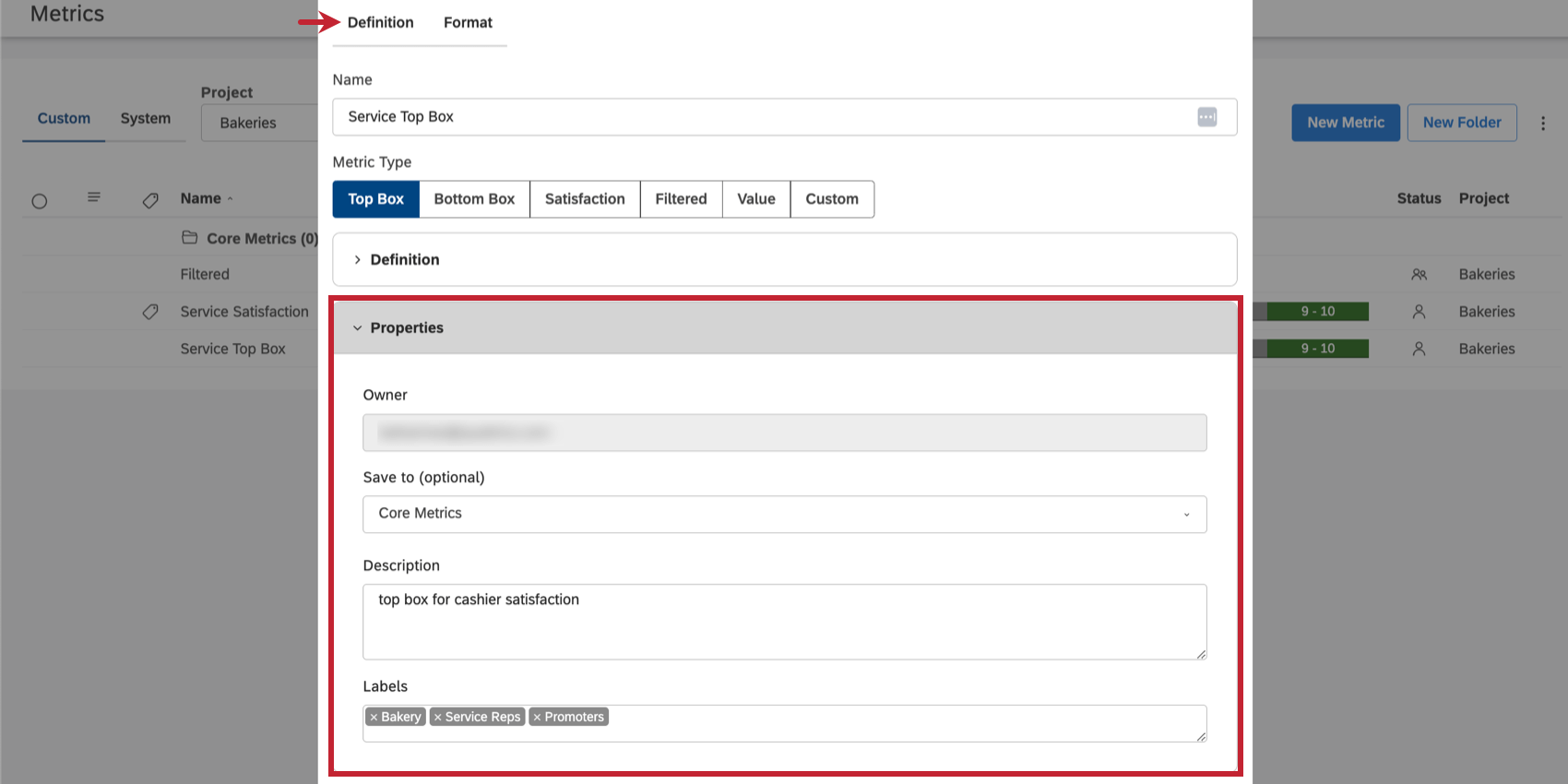 Definition tab, then he properties section