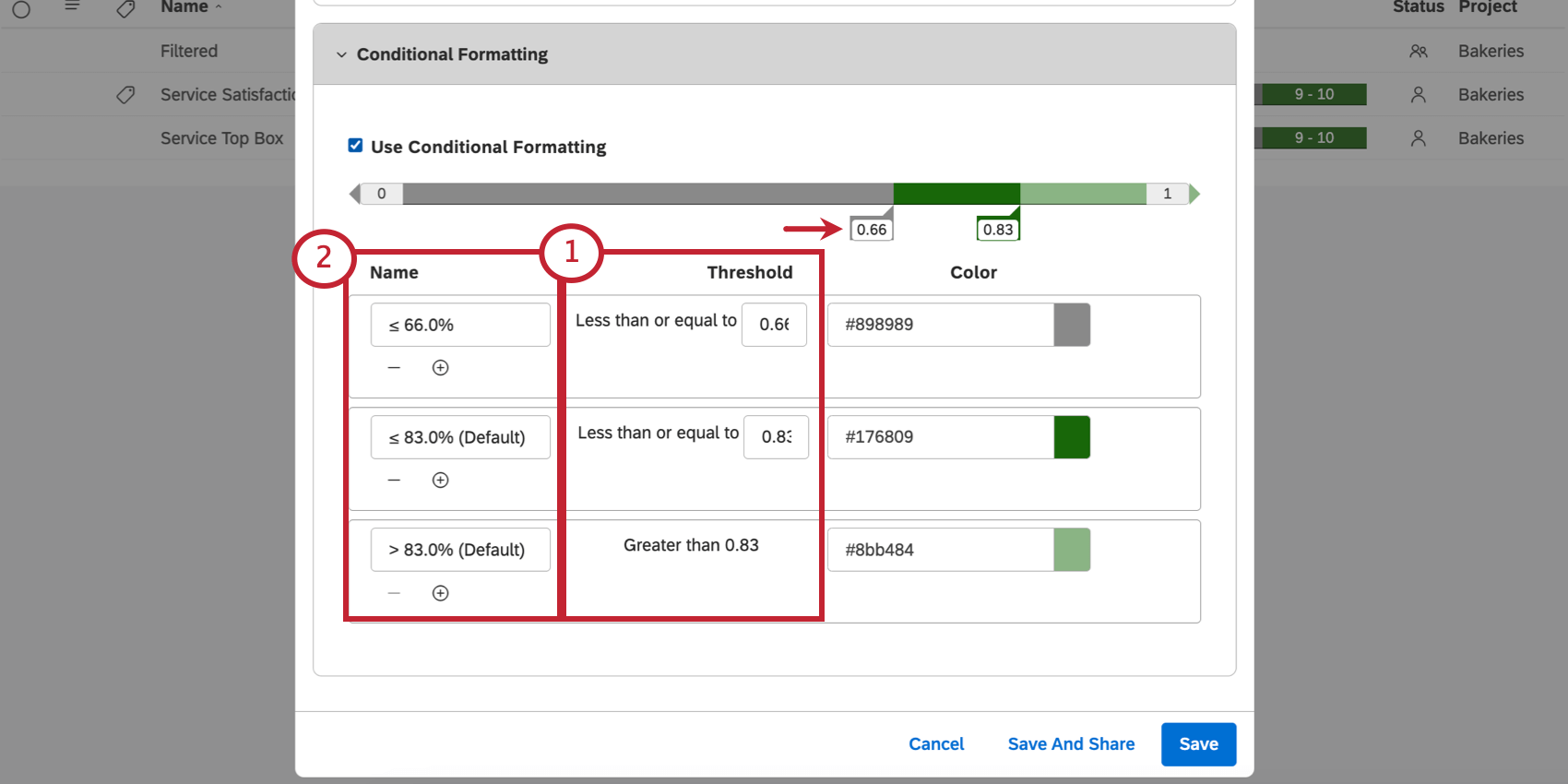 threshold and name columns of bands