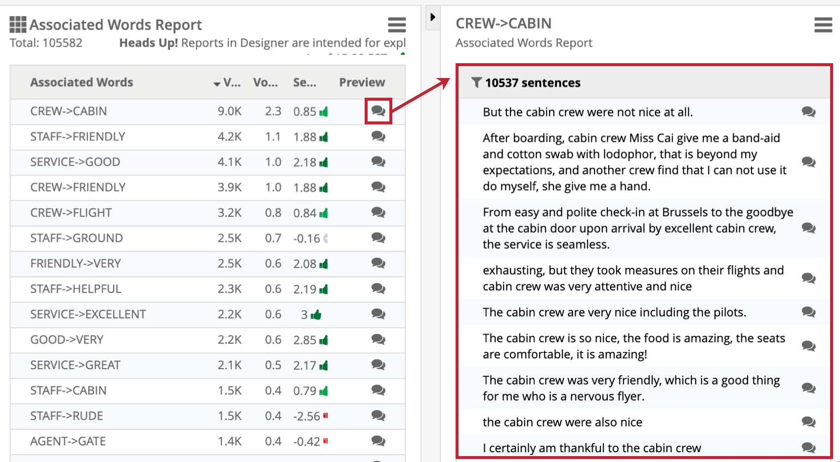 preview sentences tab within a report