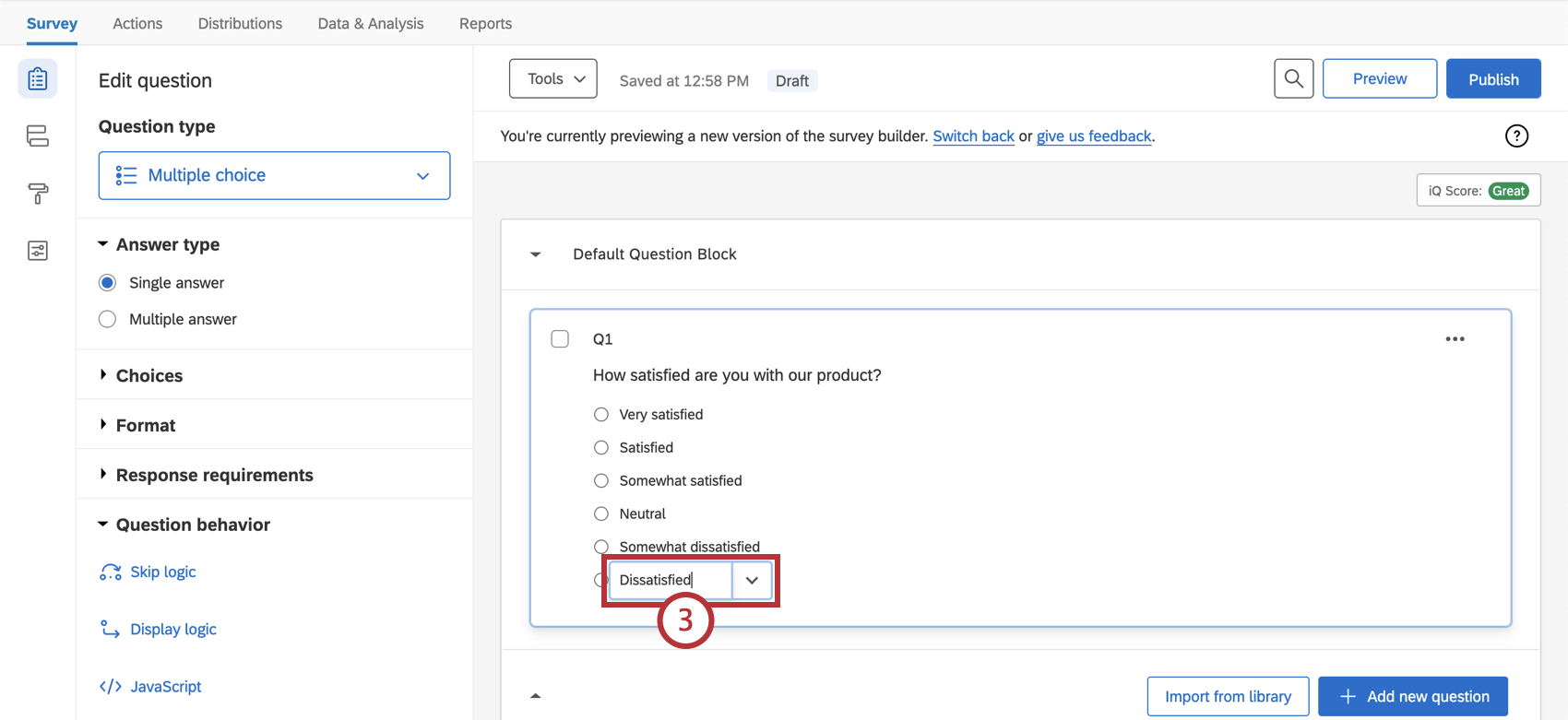 Answer choice selected, dropdown next to it