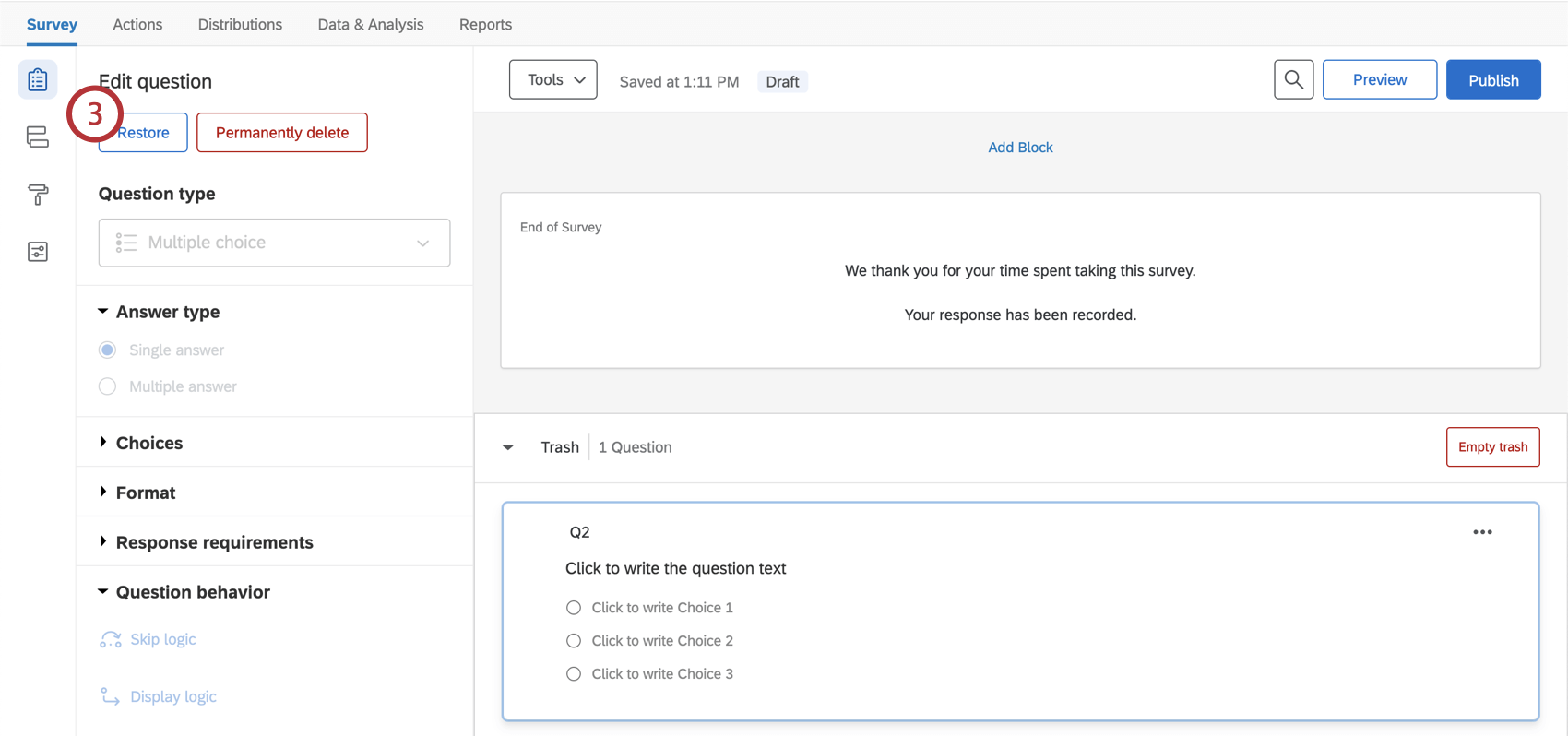 La restauration apparaît à gauche