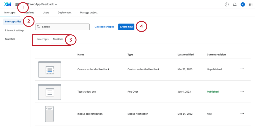 create new button in intercepts list