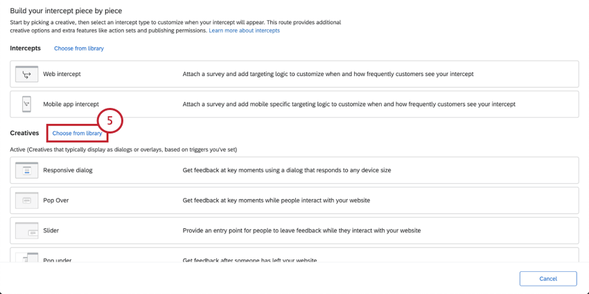 Elija el botón de la biblioteca siguiente al encabezado de creatividades