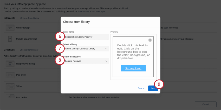 new window where you select library from creative