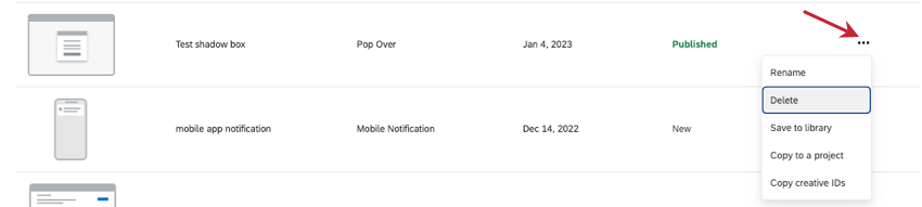 Creative options drop down at the far right of a creative, with the three dots clicked