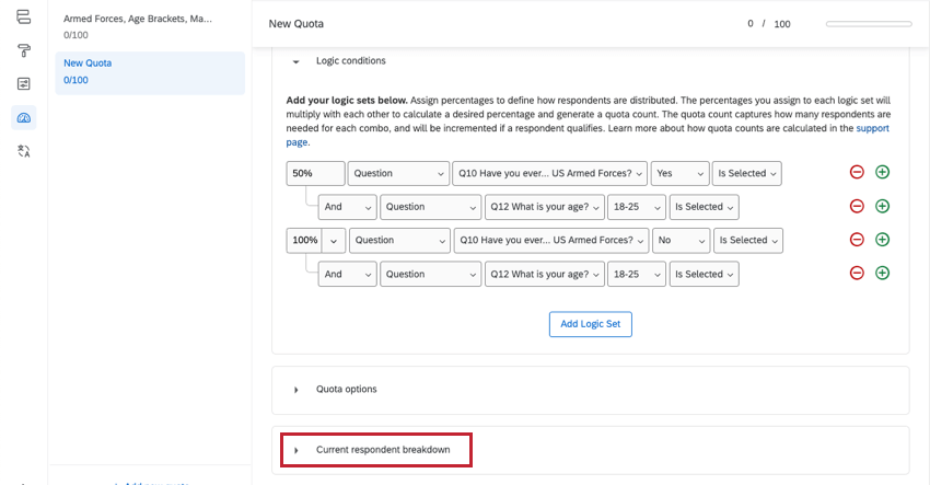 At the bottom of the cross logic quota is a tables that breaks down the count for each choice by percentage