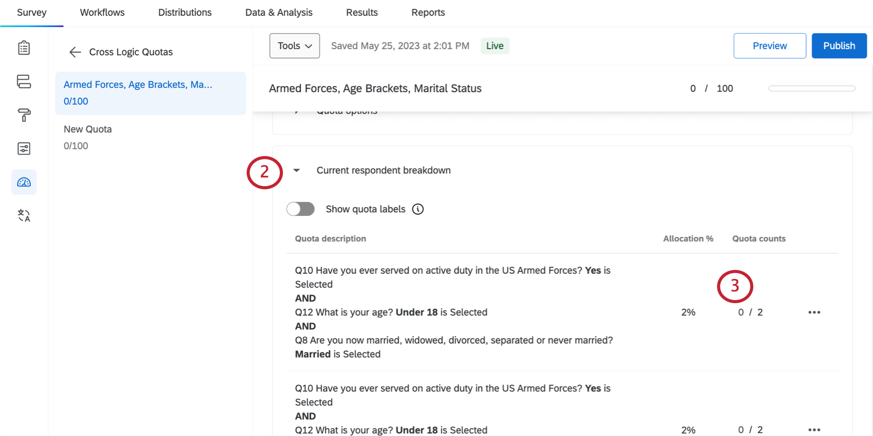 Current respondent breakdown section open and 0/3 quota count highlighted