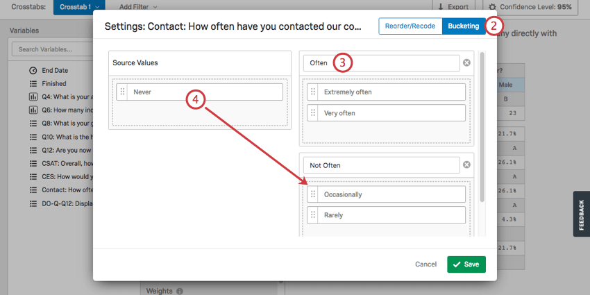 Bucketing window displays fields from left source values box being dragged into group boxes on the right