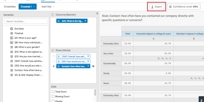 Export button on right before the confidence level one