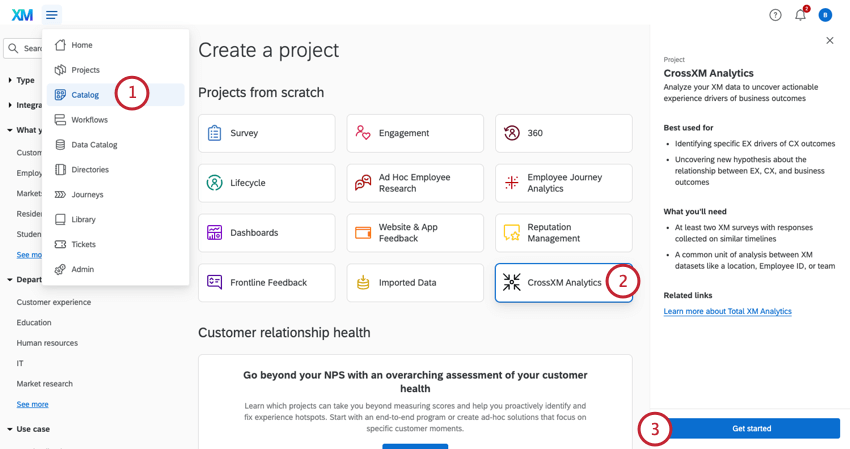 aller dans le catalogue, sélectionner crossxm analytics, et cliquer sur get started
