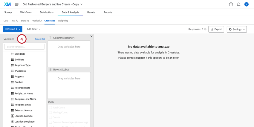 Sección de variables resaltada en el extremo izquierdo de la pantalla de tablas cruzadas