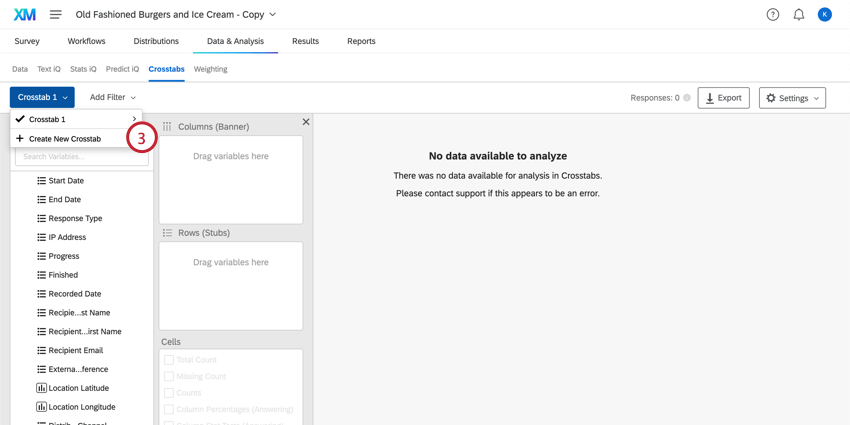 Create new crosstab is highlighted in the Crosstab dropdown menu on the far left side